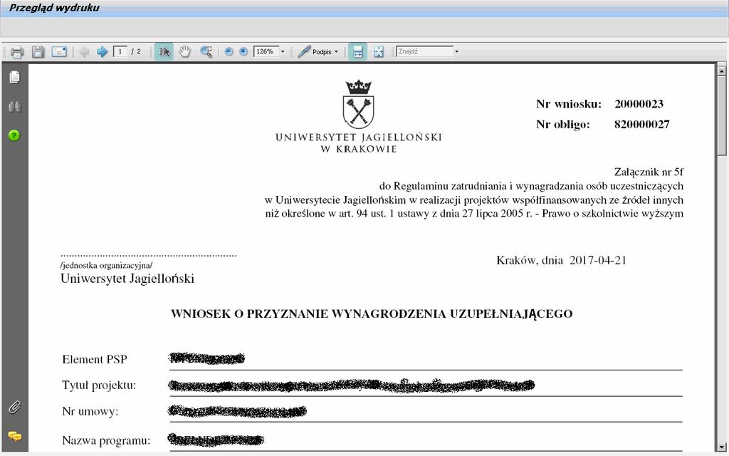 Z tego poziomu dokument można zapisać lub wydrukować jak zwykły PDF. 12. Transakcję zakończono. Wynik Utworzono wniosek o.