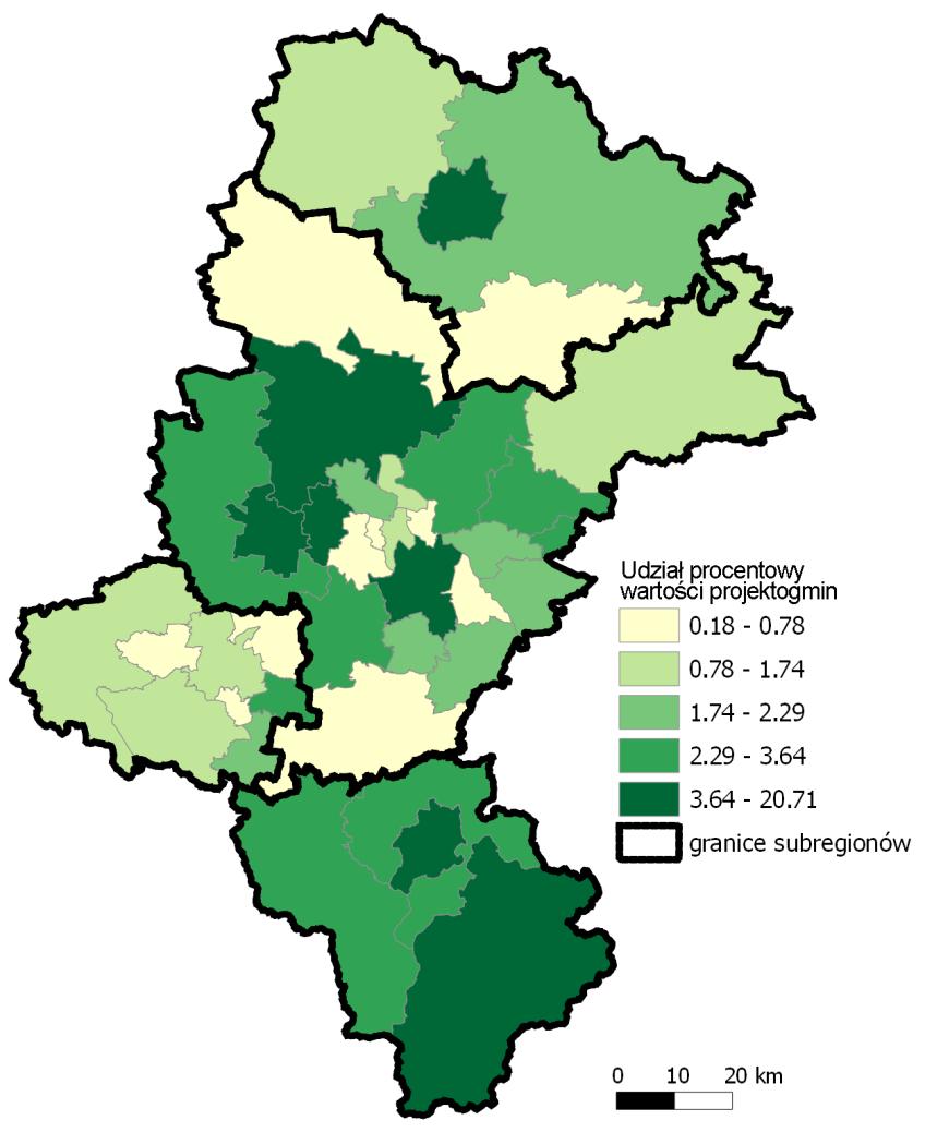 Rysunek 6. Udział wartości projektogmin realizowanych w powiecie w ogóle wartości projektogmin realizowanych w województwie śląskim w latach 2007-2011. Rysunek 7.