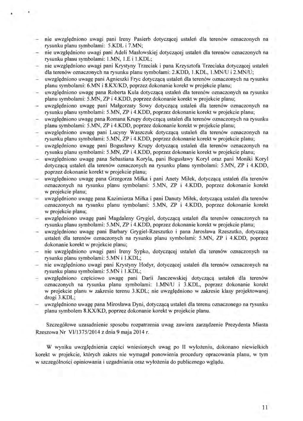 nie uwzglydniono uwagi pani Ireny Pasierb dotycz(!cej ustalen dla terenow oznaczonych na rysunku planu symbolami: 5.KDL i 7.MN; nie uwzglydniono uwagi pani Adeli Maslowskiej dotycz(!