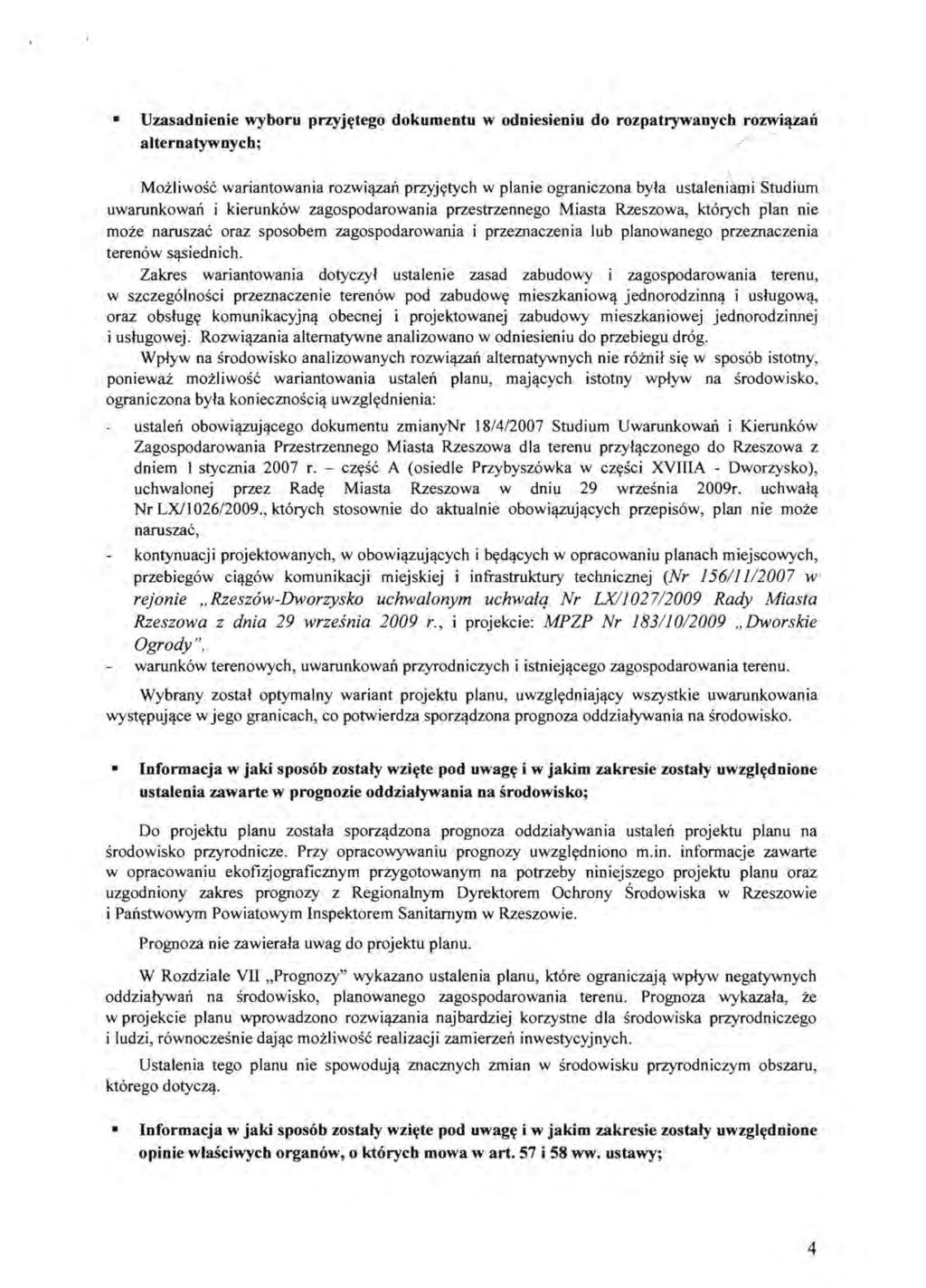 Uzasadnienie wyboru przyjt;tego dokumentu w odniesieniu do rozpatrywanych rozwi~n alternatywnych;.