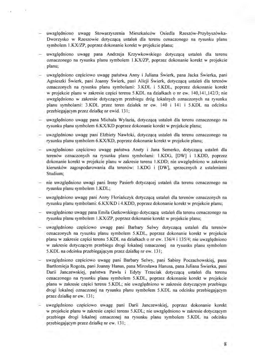 I \,//' uwzglydniono uwagy Stowarzyszenia Mieszkancow Osiedla Rzeszow-Przybyszowka Oworzysko w Rzeszowie dotyczl!c~ ustalen dla terenu omaczonego na rysunku planu symbolem I.