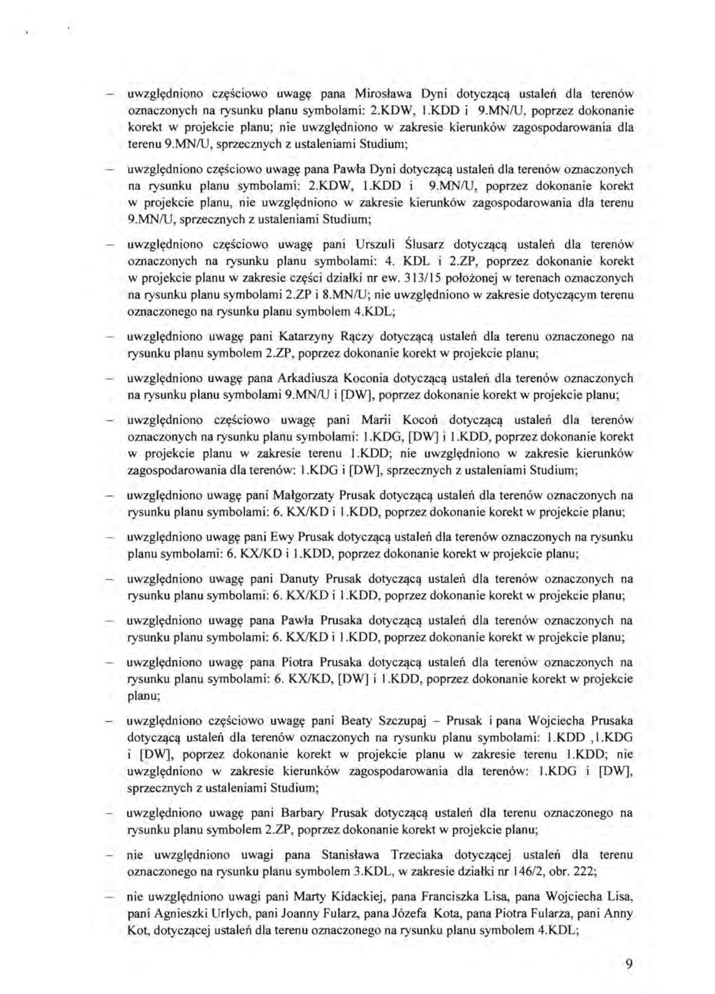 uwzgl~dniono CZ (SCIOWO uwag~ pana Miroslawa Dyni dotycu!c'! ustalen dla teren6w oznaczonych na rysunku planu symbolami: 2.KDW, I.KDD i 9.