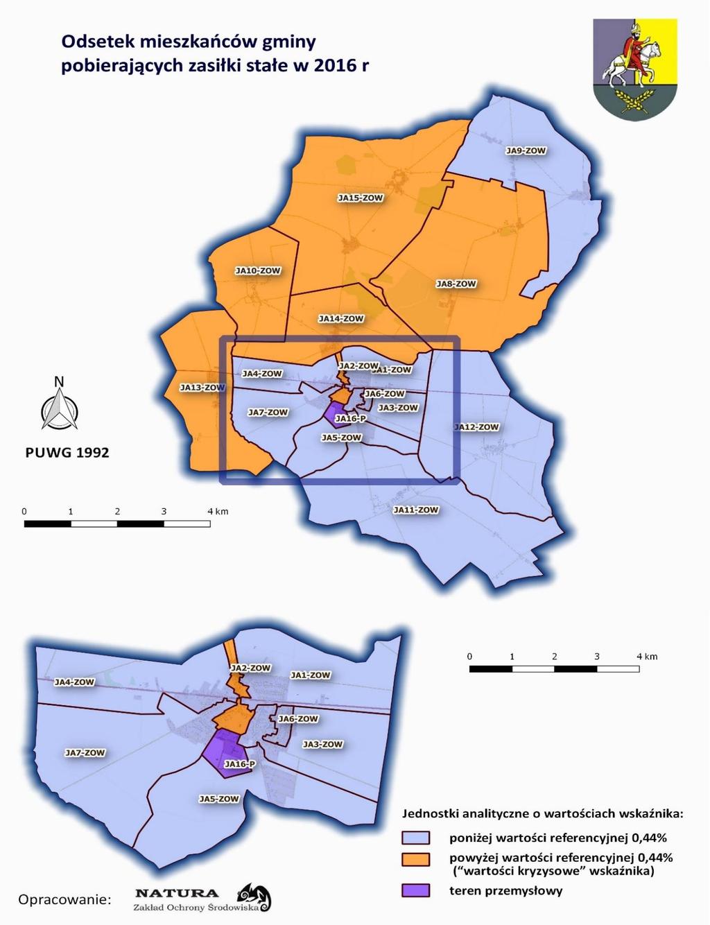 Rycina 4 przedstawia odsetek mieszkańców gminy pobierających zasiłki stałe w 2016 r.