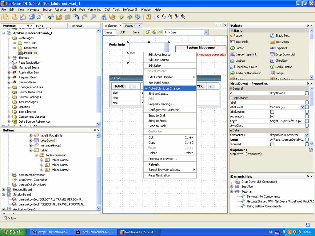 8.2. Przejdź do trybu Design strony Page1, zaznacz komponent dropdown1 i prawym klawiszem myszy kliknij nad tym zaznaczonym komponentem.