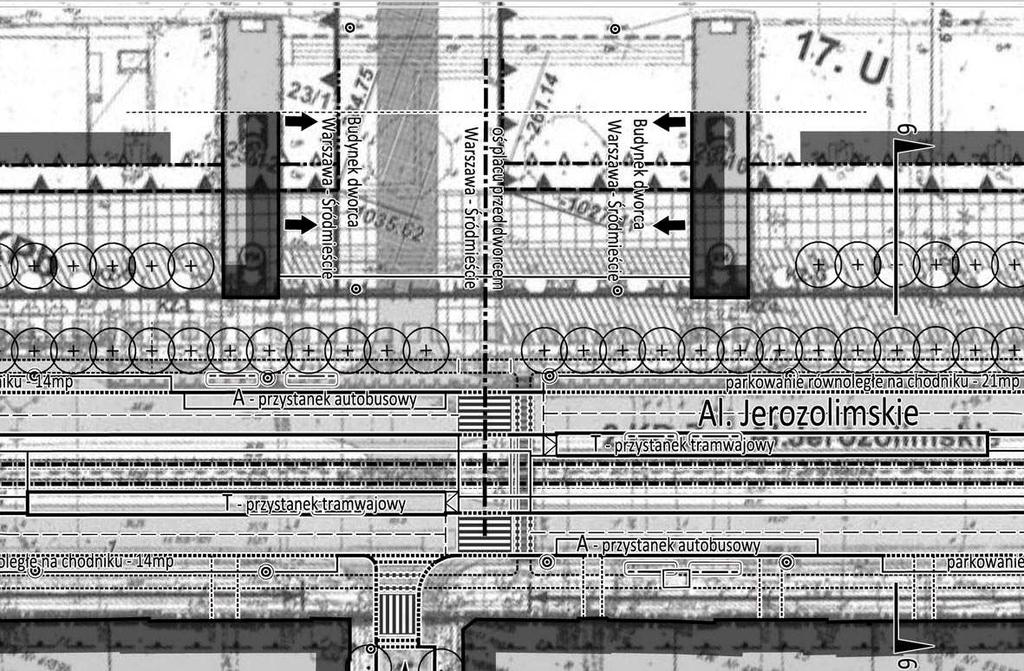 Ilustracja 4. Koncepcja przebudowy al. Jerozolimskich z nałożonym rysunkiem m.p.z.p. w rejonie Pałacu Kultury i Nauki widoczne na rysunku planu proponowane krawędzie jezdni drogi 7.