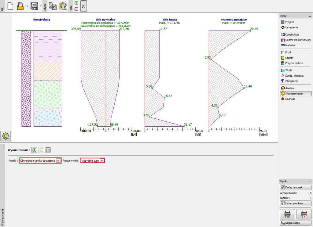 W ramce Wymiarowanie wyświetlane są siły wewnętrzne z wybranego przypadku obciążenia lub z obwiedni przypadków obciążeń. Wyniki obliczeń mogą być wyświetlane dla dowolnego pala.