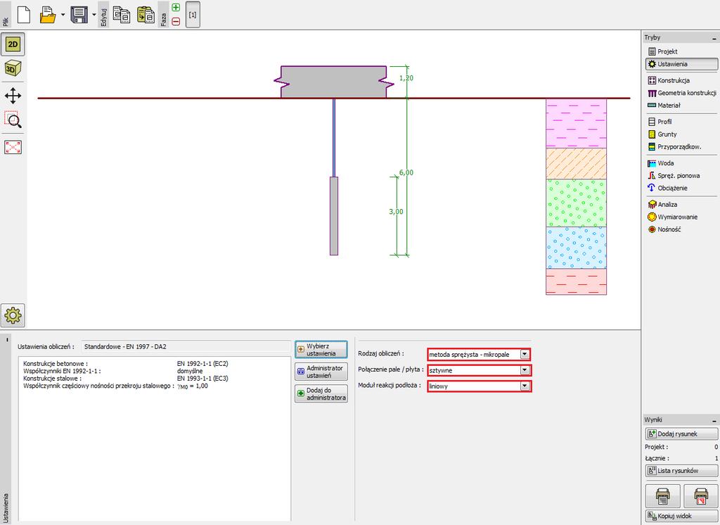 Kolejnym krokiem do wykonania jest zmiana rodzaju prowadzonych obliczeń na Metoda sprężysta mikropale. Przyjmujemy założenie, że połączenie mikropali z oczepem jest sztywne.