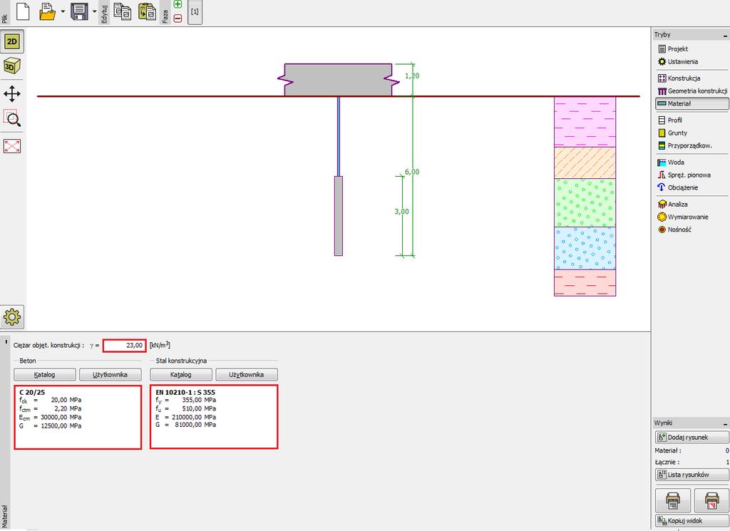 W ramce Materiał zdefiniujemy parametry materiałowe konstrukcji. Dla oczepu palowego wprowadzamy ciężar objętościowy ( 23.