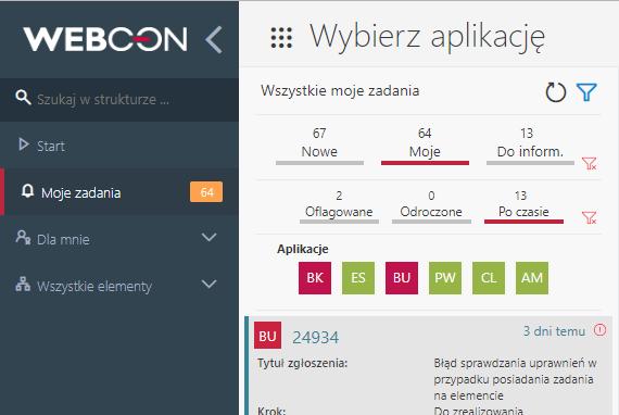 Kafel reprezentujący zadanie zawiera podstawowe informacje o elemencie którego ono dotyczy.