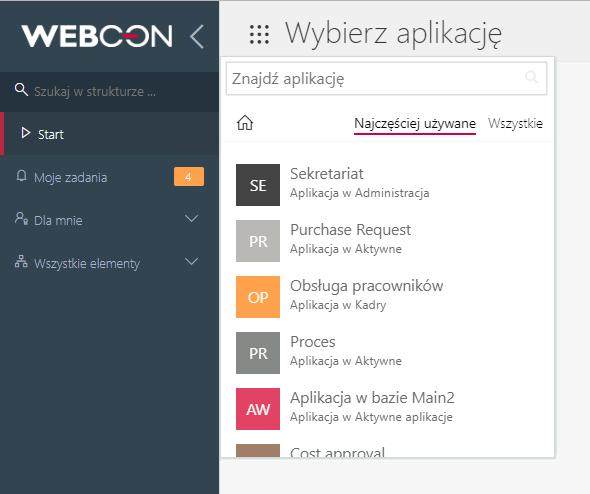 Menu kontekstowe daje możliwość wystartowania nowego elementu bez konieczności otwierania witryny aplikacji.