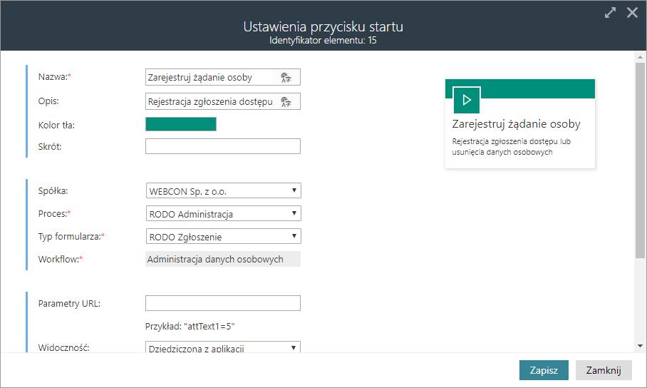 W konfiguracji dostępne są również dodatkowe opcje takie jak możliwość określenia parametrów inicjujących obieg, domyślnych