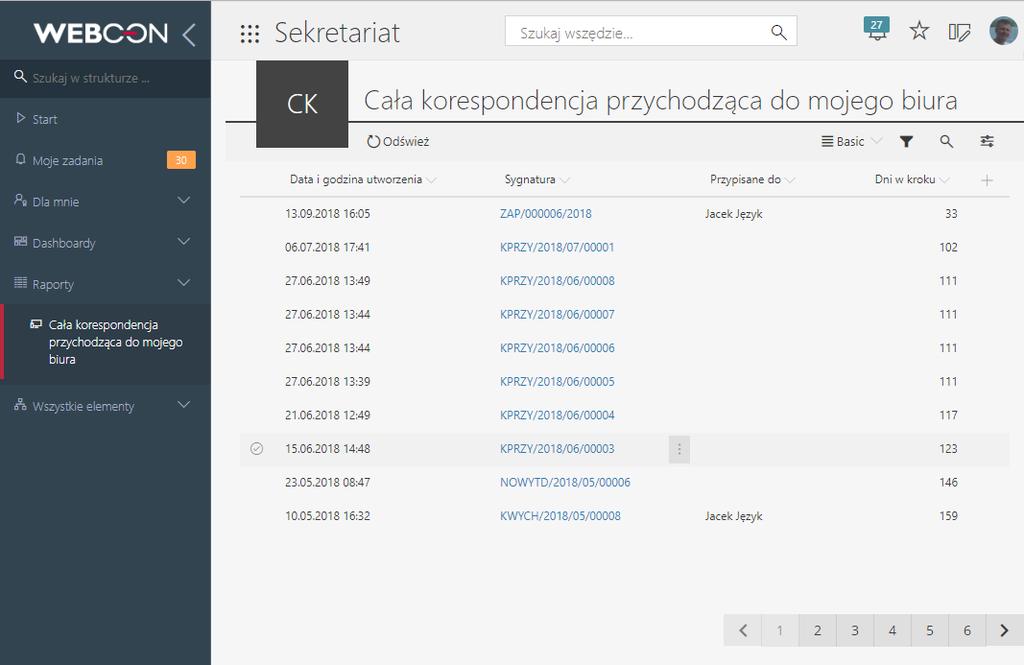 3.1.3.3. Raporty Raporty dostępne z poziomu każdej aplikacji definiowanej w ramach WEBCON BPS Portal, są rozwinięciem istniejących raportów Show Workflow Elements oraz Show Workflow Charts dostępnych