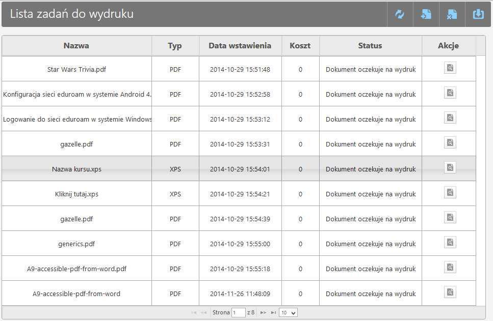 Załadowane pliki są prezentowane w postaci tabeli. Rys 7. Wygląd tabeli ze załadowanymi plikami. Użytkownik może odświeżyć widok przyciskiem.