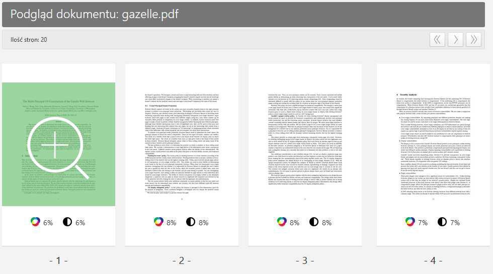 2.2. Podgląd załadowanych plików Poprzez kliknięcie na przycisk na dowolnej liście plików uzyskujemy możliwość przeglądnięcia miniaturek poszczególnych stron dokumentu oraz powiększenia interesującej