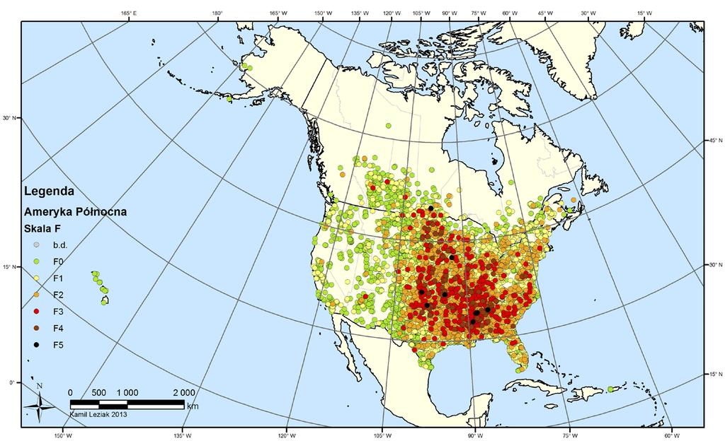9. Number of tornadoes of a certain strength (in F-scale) in North America (19502009) (burdzy 2011, p.