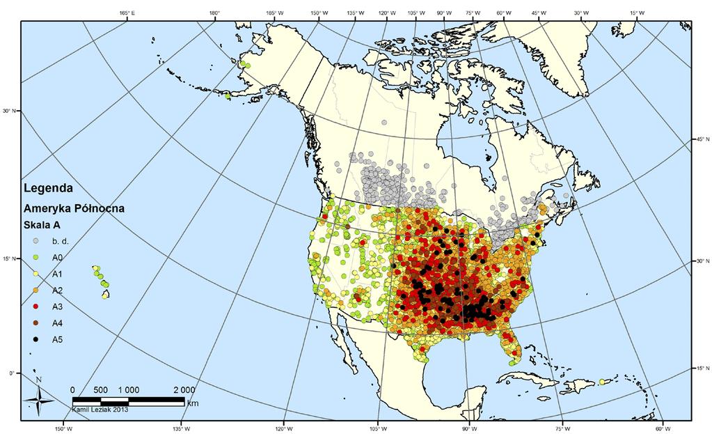 Share (%) of tornadoes causing certain area damage (in A-scale) in North America (2000-2011) Ryc. 13.
