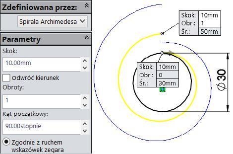 na Płaszczyźnie przedniej utwórz szkic i narysuj okrąg o średnicy 30 mm, na pasku Operacje rozwiń Krzywe i kliknij Helisa i spirala, wybierz narzędzie Spirala Archimedesa i wprowadź