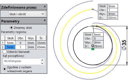 28): na Płaszczyznie1 narysuj okrąg o średnicy 35 mm, na pasku Operacje rozwiń Krzywe i kliknij Helisa i spirala, wybierz Skok i obrót oraz wprowadź parametry jak poniżej. Rysunek 18.28. Właściwości pierwszej linii śrubowej Druga linia śrubowa (rysunek 18.