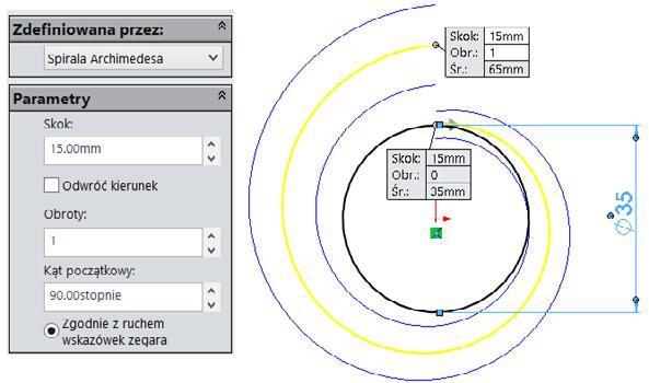 Narysuj okrąg o średnicy 35 mm, na pasku Operacje rozwiń Krzywe i kliknij Helisa i spirala, wybierz Spirala Archimedesa i wprowadź właściwości jak