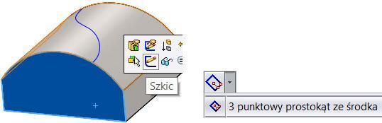 Z lewej ściana szkicu, z prawej polecenie 3 punktowy prostokąt ze środka Poniżej prosty przykład zastosowania krzywej.