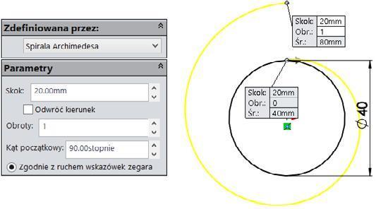 Szkic bazowy i polecenie Helisa i spirala na Płaszczyźnie przedniej utwórz szkic i narysuj okrąg o średnicy 40 mm (rysunek 18.