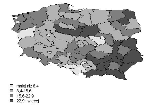 168 Anna Sączewska-Piotrowska Rys. 5. Odsetek ubogich gospodarstw domowych Źródło: na podstawie [www2]. EuroGeographics for the administrative boundaries.