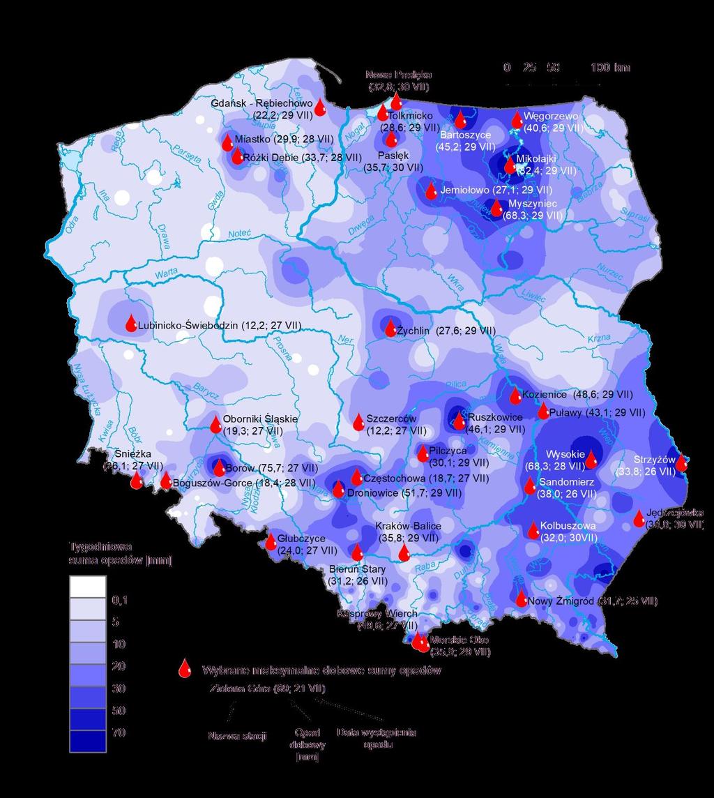 3. Rozkład tygodniowej sumy opadów oraz wybrane