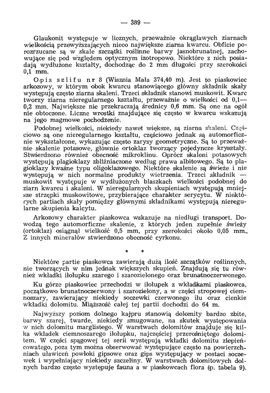 389 Glaukonit występuje w licznych, przeważnie okrągławych ziarnach wielkością przewyższających nieco najw iększe ziarna kwarcu.