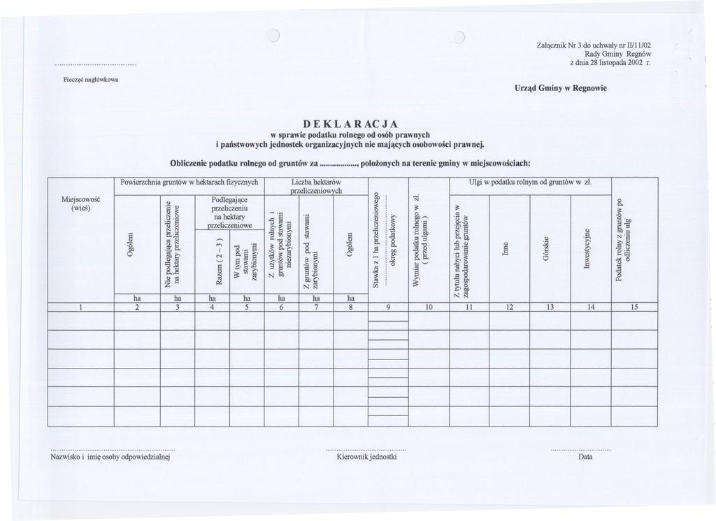 ... Pieczec naglówkowa Zalacznik Nr 3 do uchwaly nr II/11/02 Rady Gminy Regnów z dnia 28 listopada 2002 r.