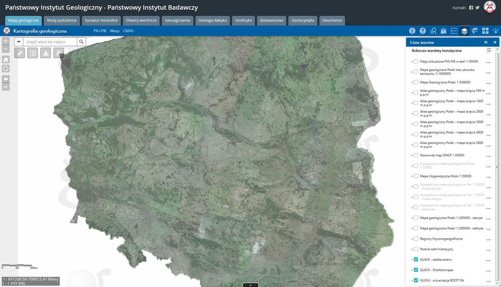 Okno mapy wyświetla warstwy tematyczne oraz mapy bazowe, wcześniej utworzone w Portal for ArcGIS. Źródłem dla map bazowych jest geoportal.gov.