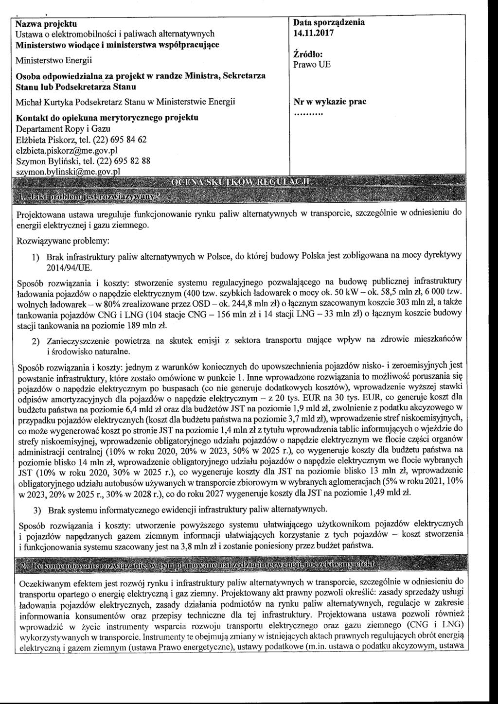 Nazwa projektu Ustawa o elektromobilności i paliwach alternatywnych Ministerstwo wiodące i ministerstwa współpracujące Ministerstwo Energii Osoba odpowiedzialna za projekt w randze Ministra,