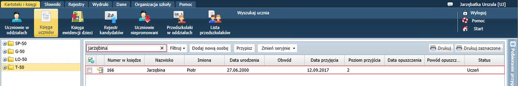 UONET+. Przenoszenie ucznia między szkołami w zespole szkół 5/8 9. Przejdź do widoku Kartoteki i księgi/ Księga uczniów i obejrzyj wpis ucznia w księgach uczniów obu szkół.