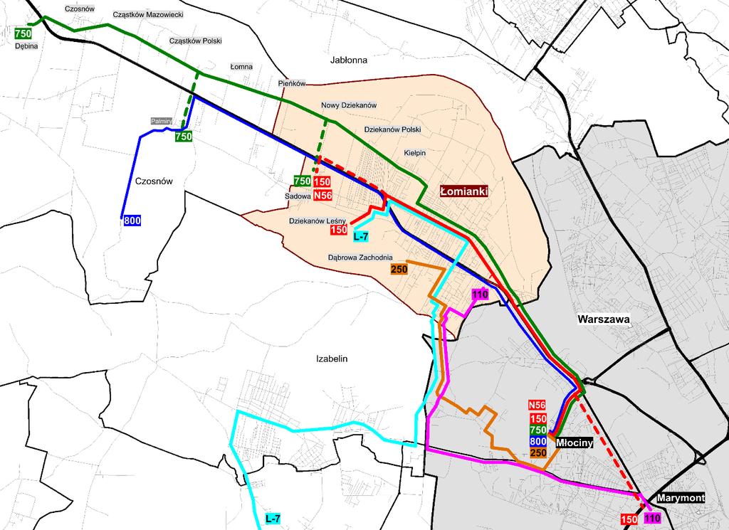 Koncepcja wybudowania buspasa na DK7, pomiędzy Łomiankami a Warszawą, w ciągu ulic: Kolejowej i Pułkowej 7 Linia L-7 (strefowa uzupełniająca), której autobusy kursują poza analizowanym korytarzem ul.