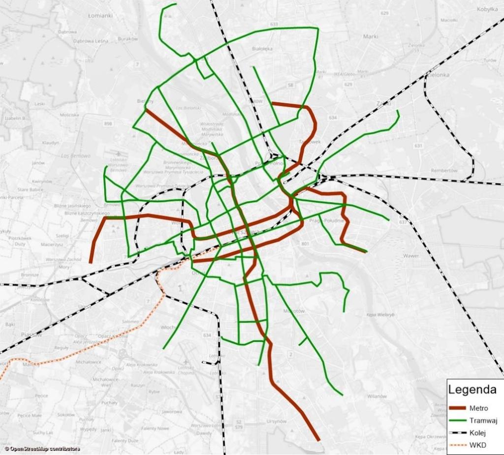 Koncepcja wybudowania buspasa na DK7, pomiędzy Łomiankami a Warszawą, w ciągu ulic: Kolejowej i Pułkowej 80 Rys. 6.17 Sieć szynowego transportu zbiorowego rok 2045 źródło:openstreetmap.