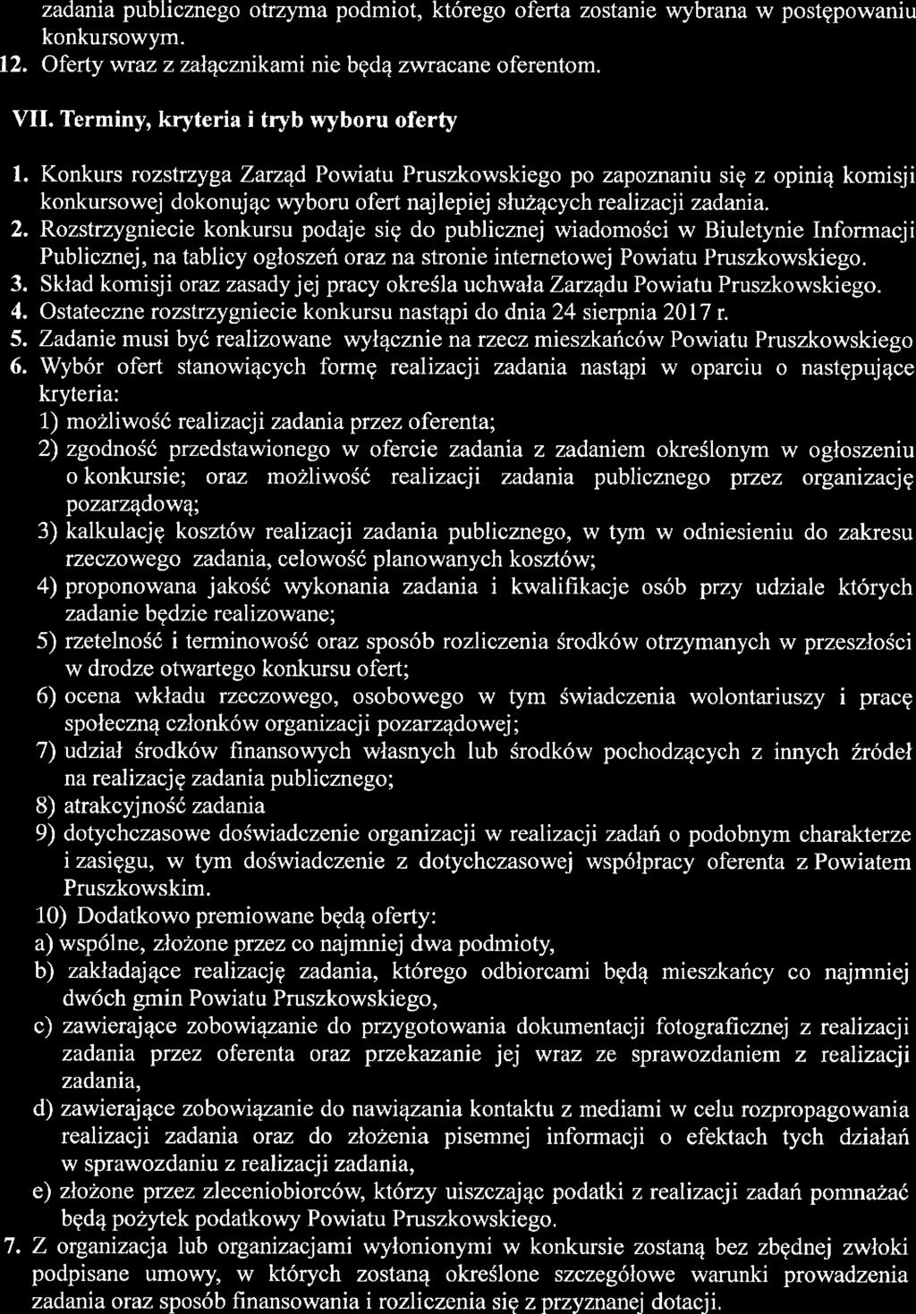 zadania publicznego otrzyma podmiot, którego oferta zostanie wybrana w postępowaniu konkursowym. 12. Oferty wraz z załącznikami nie będą zwracane oferentom. VII.