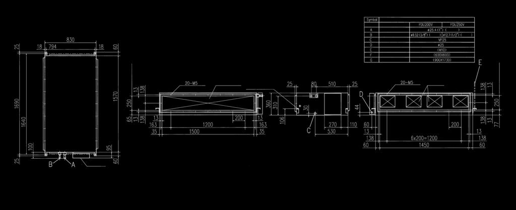 JEDNOSTK WEWNĘTRZN MODEL KNŁOWY -Wysoki spręż- FDU Sterownik przewodowy CLSS R40 RC-E (Opcja) FDU7/00//V FDU00/0V Schemat ogólny (jednostka: ) FDU7V Przestrzeń montażowa i