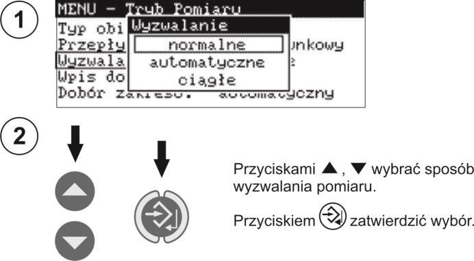 Uwagi: Wyzwalanie ciągłe dla obiektów indukcyjnych można stosować wyłącznie wtedy, gdy miernik przyłączony jest na stałe do obiektu. Nie dopuszcza się odłączania miernika od obiektu podczas pomiaru.