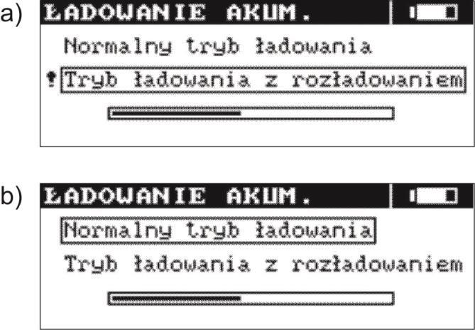 Funkcja AUTO-OFF w trybie ładowania akumulatorów jest wyłączona. Włożenie przewodu zasilającego ładowarkę do gniazdka sieciowego powoduje ukazanie się jednego z poniższych ekranów.