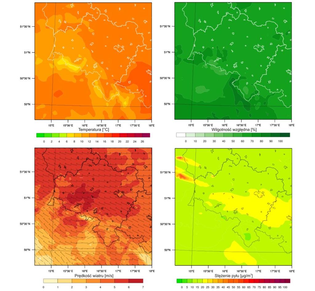 Przykładowe wyniki testów modelowania warunków meteorologicznych i jakości powietrza z wykorzystaniem modeli WRF i WRF-Chem.