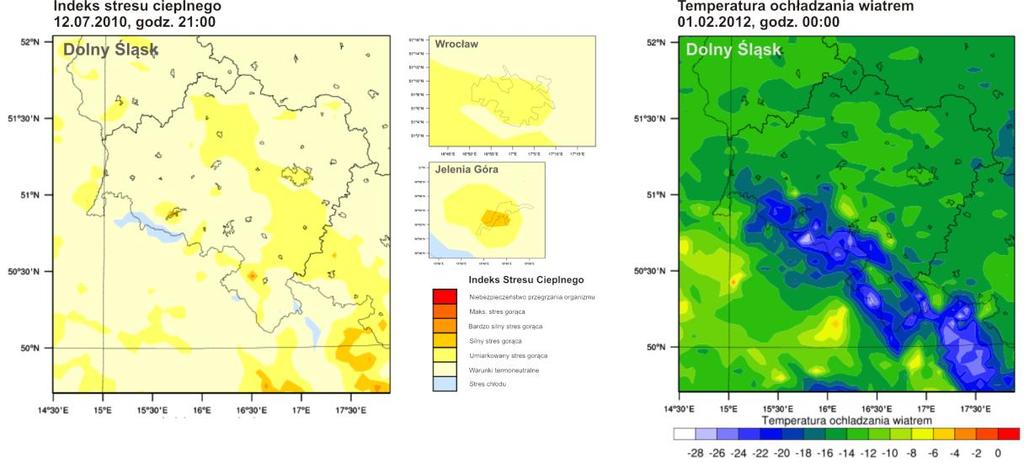 Przykładowe wyniki modelowania rozkładu przestrzennego warunków biometeorologicznych dla Dolnego Śląska w oparciu o dane meteorologiczne uzyskane z modelu WRF. Rozdzielczość przestrzenna 4 km.
