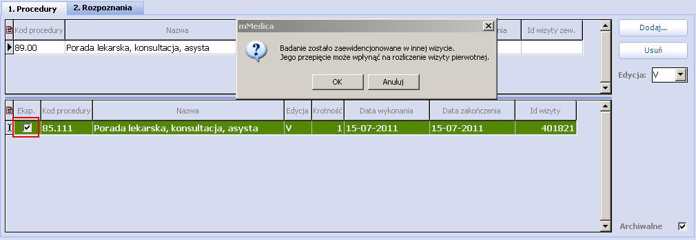 Pozycje bez zaznaczonego pola wyboru, znajdujące się w części archiwalnej to badania z innych wizyt, mogące zostać przypisane do wizyty bieżącej(kolor zielony), ale nie wskazane