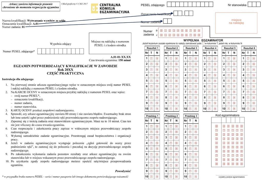 5. Pierwsza strona arkusza do części praktycznej egzaminu i karta oceny z