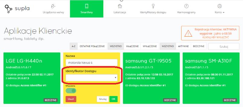 Identyfikatory dostępu 4. Przypisać lokalizację do odpowiedniego urządzenia mobilnego.