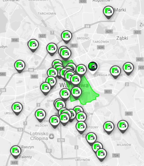 Schemat 2. Mapa baz 4Mobility oraz strefy bezpłatnego parkowania Źródło: Emitent Na dzień sporządzenia Dokumentu Informacyjnego Emitent posiada w swojej flocie 64 samochody marki BMW, Mini i Hyundai.
