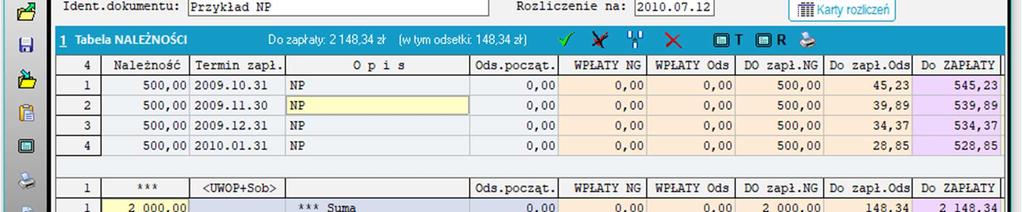 Okno kalkulatora z wprowadzonymi danymi należności z tyt. nienaleznie pobranych świadczeń.