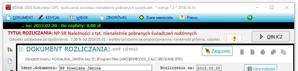 Rys, Okno kalkulatora BDMB przedstawiające dokument
