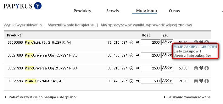 moŝna dany produkt dodać do istniejącej listy Pojawia się małe okienko z moŝliwością dodania produktu do istniejących list zakupów lub opcja druga Utwórz listę zakupów.