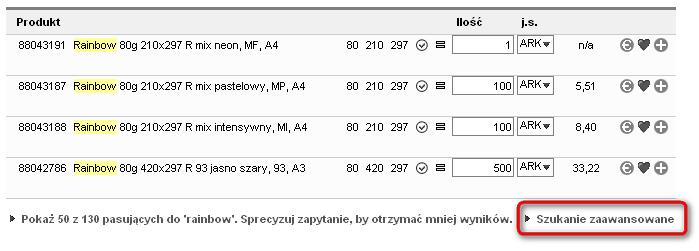 Podczas wprowadzania frazy w górnej części strony będą automatycznie pojawiały się najbardziej pasujące wyszukiwaniu produkty.