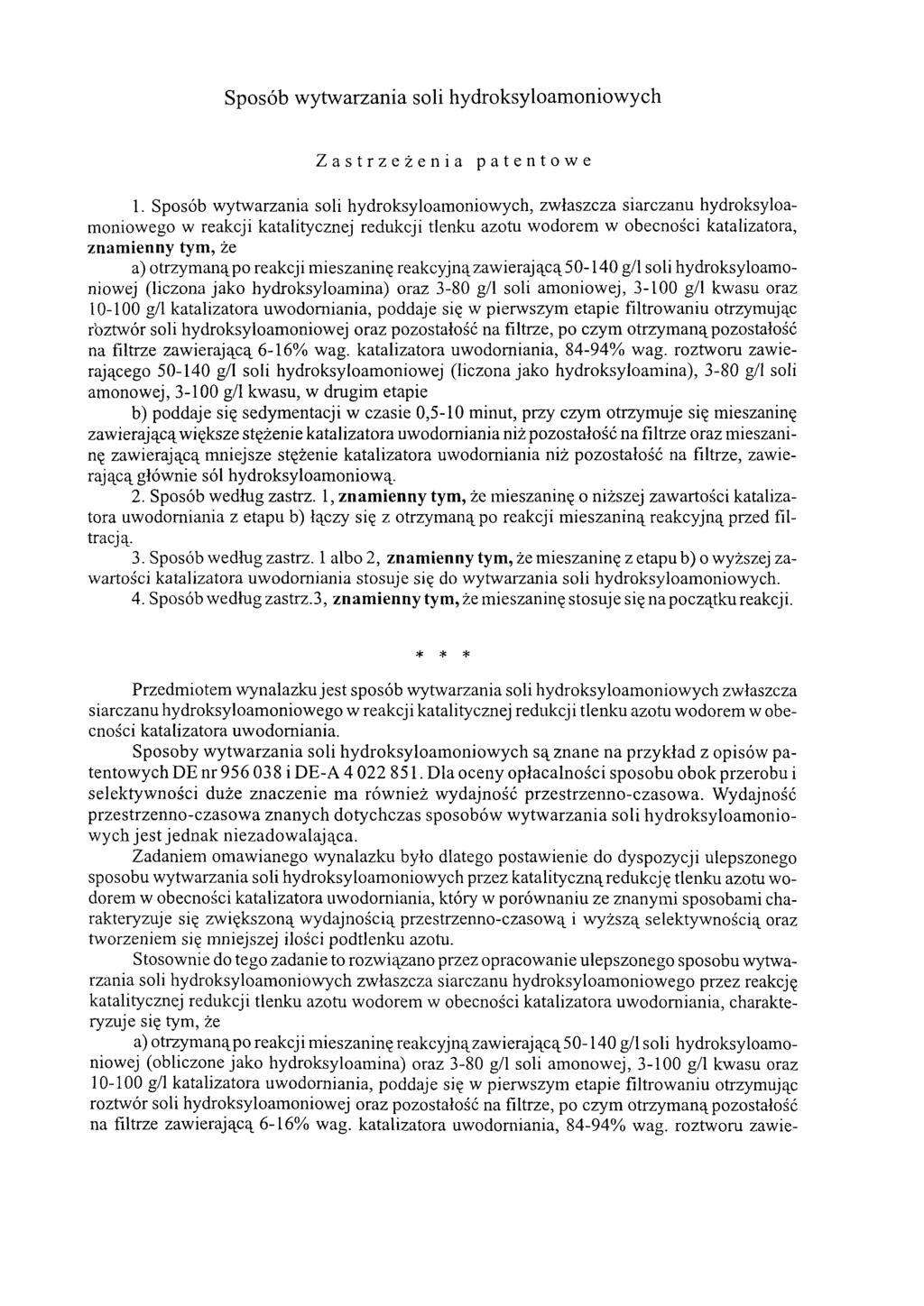 Sposób wytwarzania soli hydroksyloamoniowych Zastrzeżenia patentowe 1.