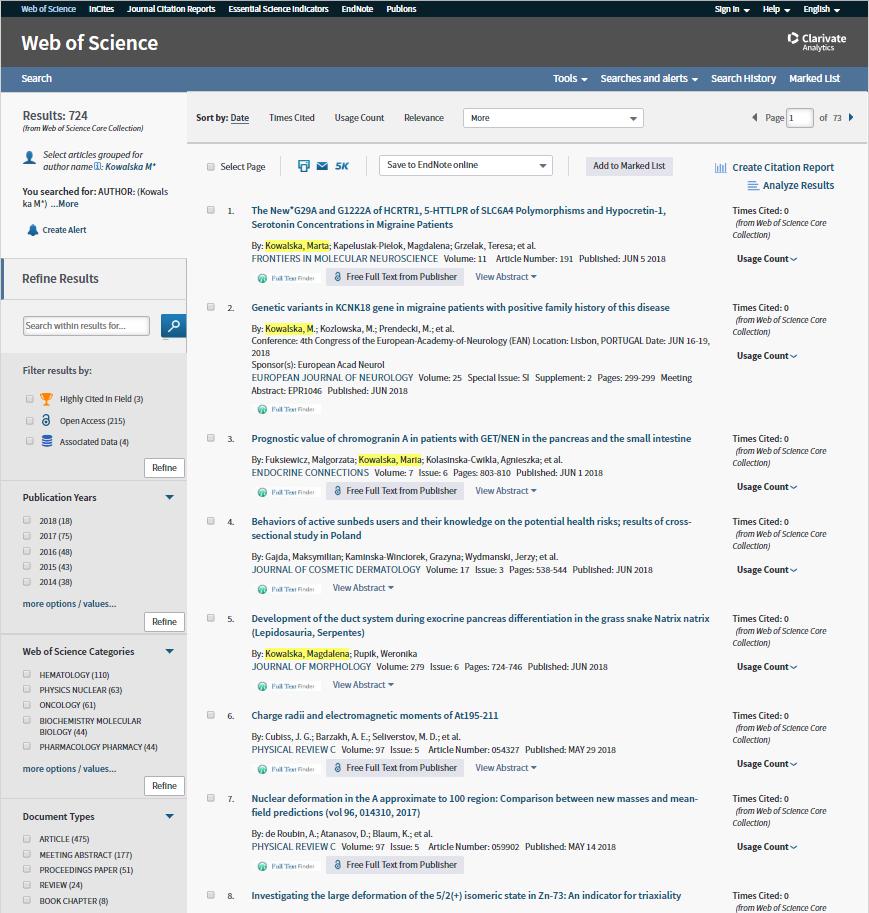 DUŻA LICZBA REZULTATÓW W takiej sytuacji, wynikającej np. z popularności nazwiska, polecamy stosowanie filtrów dostępnych w menu po lewej stronie ekranu wyników opcja Refine Results, np.: A.